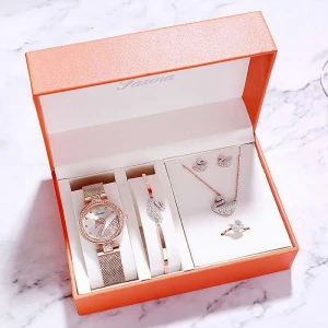 Luxury Female Elegant Fashion Gold Quartz Watch Crystal Bracelet Necklace Earrings Rings 5-piece Jewelry Sets Ladys Gift