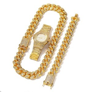 luxury miami cuban chain necklace bracelet and watch jewelry set