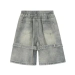 Mens summer trendy denim shorts with straps, high street style, hip-hop, drawstring, elastic waist, loose distressed shorts