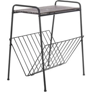 Metal frame wood top bedside end table with magazine storage rack