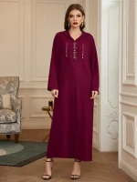 Moroco style plain Burgundy color nail glass pearl  front rhinestone decoration floor length hoodi abayas for islamic women