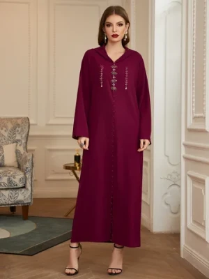 Moroco style plain Burgundy color nail glass pearl  front rhinestone decoration floor length hoodi abayas for islamic women