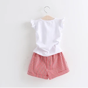 MS70161B Wholesale girls summer cotton clothing sets cartoon printed t-shirts+striped hot pants