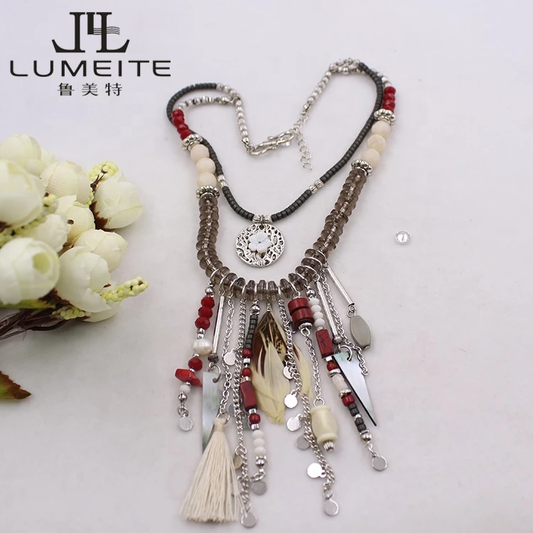 MTN3929 bohemian stone shell feather beaded ethnic necklace