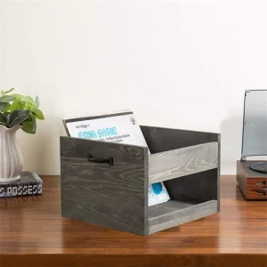 MyGift Vintage Grey Wood Vinyl Record Rolling Storage Crate with Casters