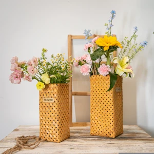Natural Wooden Woven Square Flower Vase Set of 2 Handmade Flower Baskets Water-hold Home Decor Fresh or Dry Bedroom Windowsill