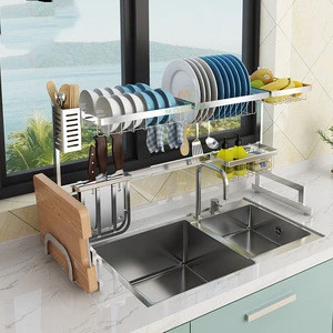 New design 91cm Hot Sale Stainless Steel Standing Type Kitchen Accessaries Storage Holder Over the Sink Dish Plate Drainer Rack