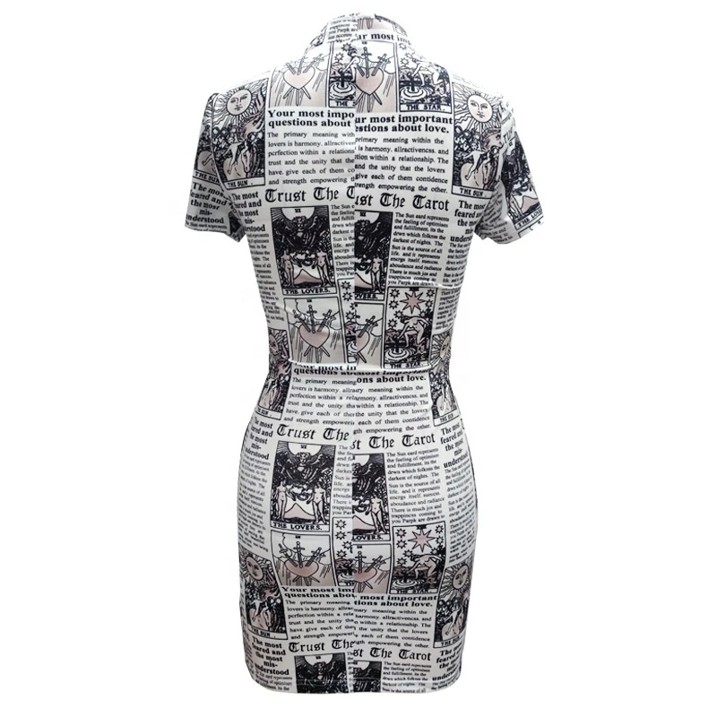 New Digital Printing Elastic Waist Pencil Skirt Button High Neck Short Sleeve Milk Silk Dress
