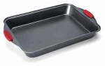 Nonstick Stainless Steel Silicone Bakeware 4-Piece Set, Latte Black with Cranberry Red Handle Grips -roaster pan