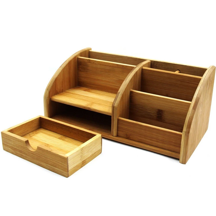 Office Supplies Bamboo Desk Organizer Pen Holder Accessories Storage Caddy with Drawer