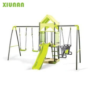 Outdoor Metal Playground Swing Set With Plastic Slide and wooden