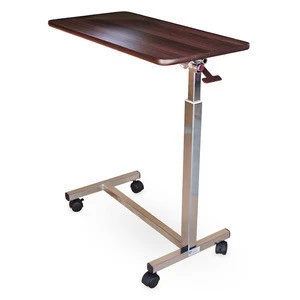 P10 Wooden Movable Hospital Overbed Dining Table With Hight Adjustable