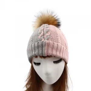 pink winter knitted beanie with large fur ball winter beanie custom knit hat woman ladies beanie