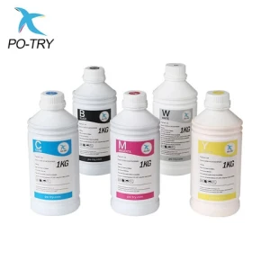 PO-TRY Wholesale Price 1L DTF Printer Ink CMYKW Color Smooth Fast Drying Textile Printing Pigment Ink