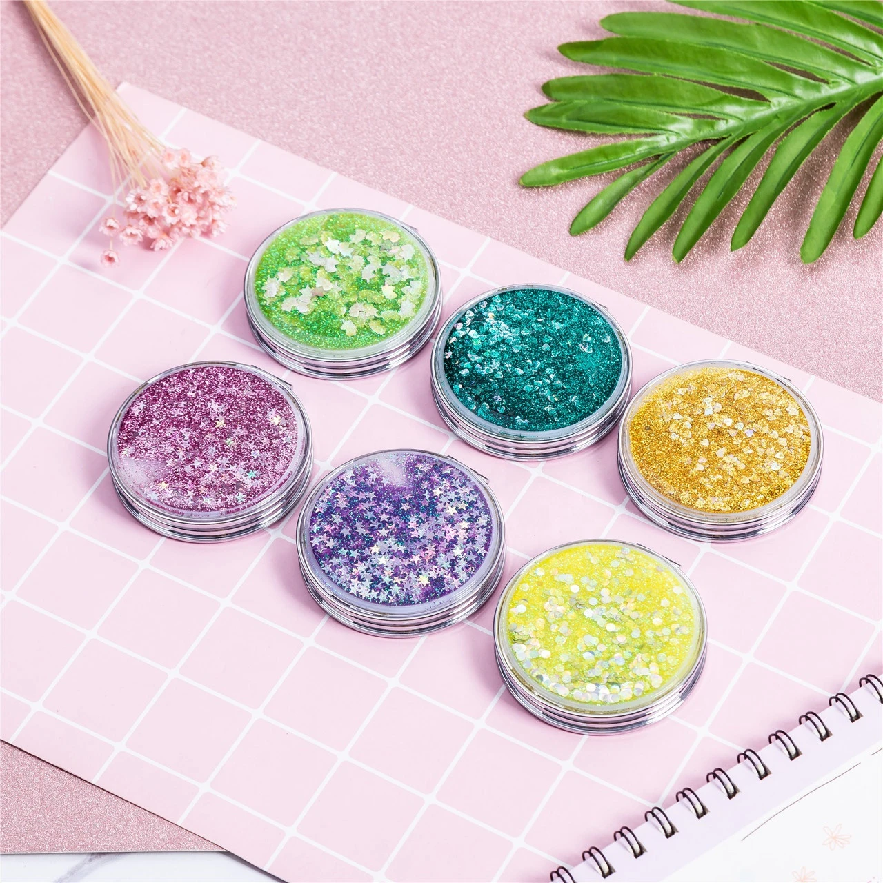 promotional glitter round mini small hand held mirrors folding double sided square makeup vanity mirror