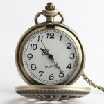Retro Antique Bronze Skeleton Quartz Pocket Watch with 31Inches Lobster Clasp Necklace Chain