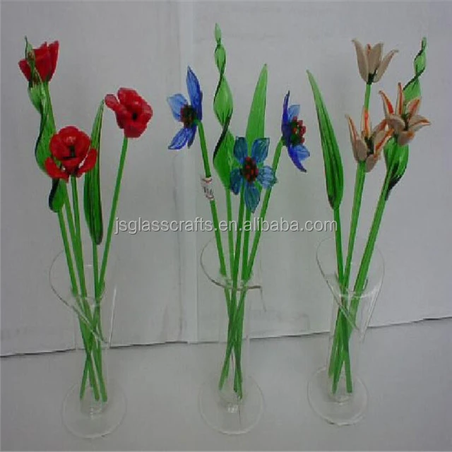 Set of folk art glass flower and glas vase / Can also be sold separately