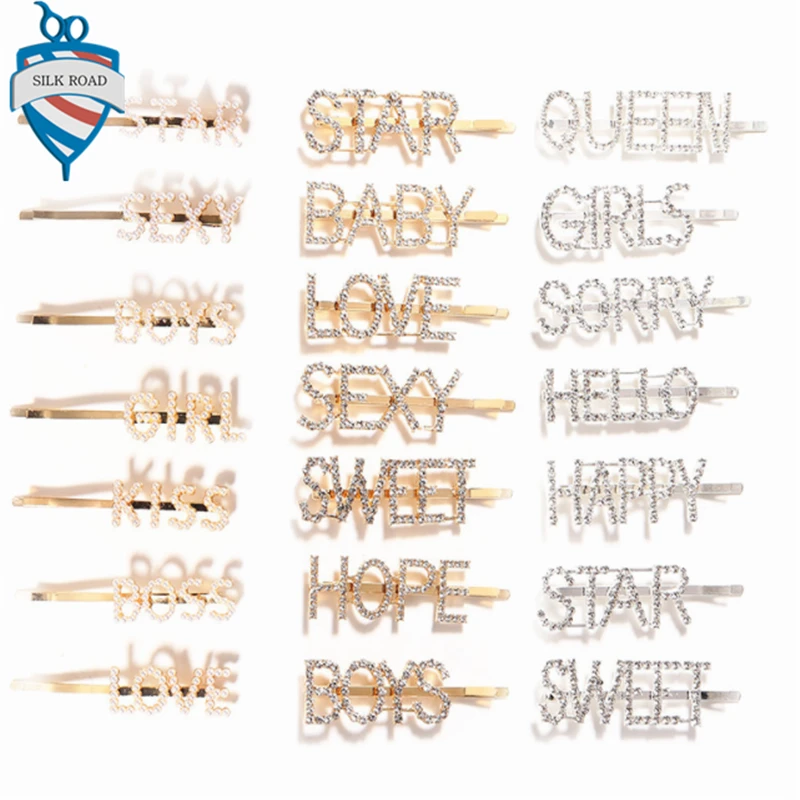 Shiny diamond Crystal Rhinestones word Letter Hairpins Hair Clips for Girls Women Styling Tool Hairgrip Hair Accessories