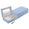 Sky blue luxury square wooden jewelry storage display packaging box with mirror for rings necklace