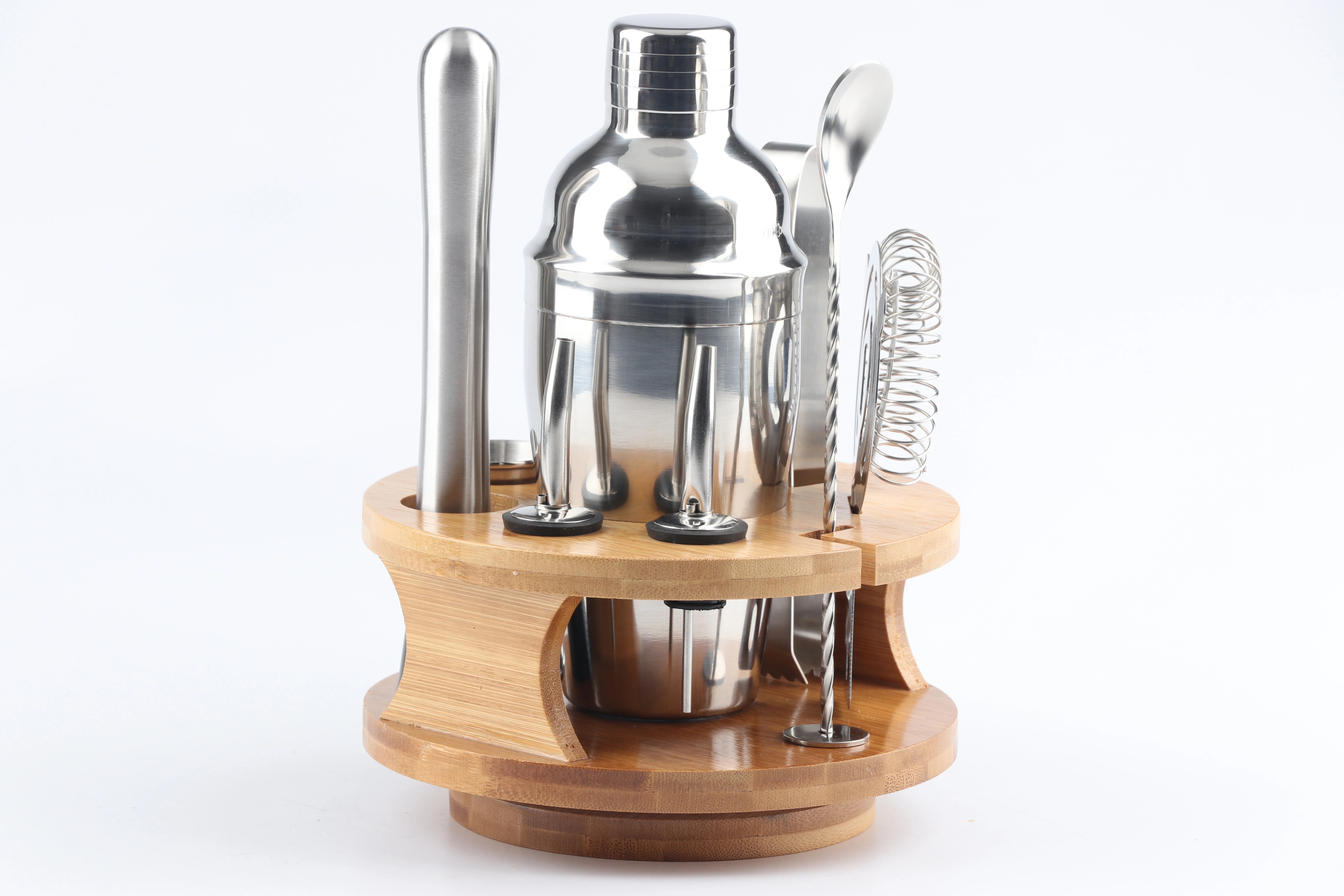 Special Design 9-piece Cocktail Shaker Set With Rotatable Wooden Frame Bartender Set Bar Supplies