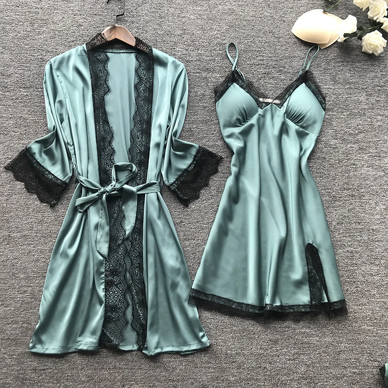 Wholesale  4 piece sets sexy solid pajamas silk satin bathrobe  robe sets lace trim sleepwear for women
