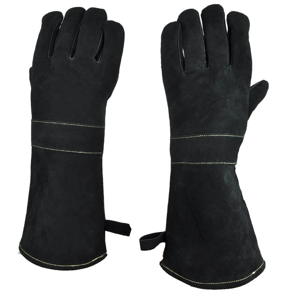 Wholesale Black Leather Oven Grill Heat Resistant Cooking Bbq Burn Resistant Gloves