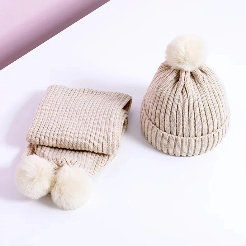 Wholesale outdoor fashionable fur pompom hat soft wool beanies for kids knitted winter scarf and hat set