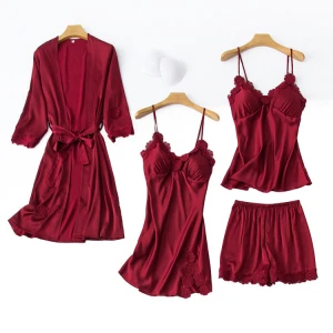 Wholesale silk robe 5 piece sets ,High Quality sexy pajamas satin bathrobe sets lace trim winter sleepwear for  women
