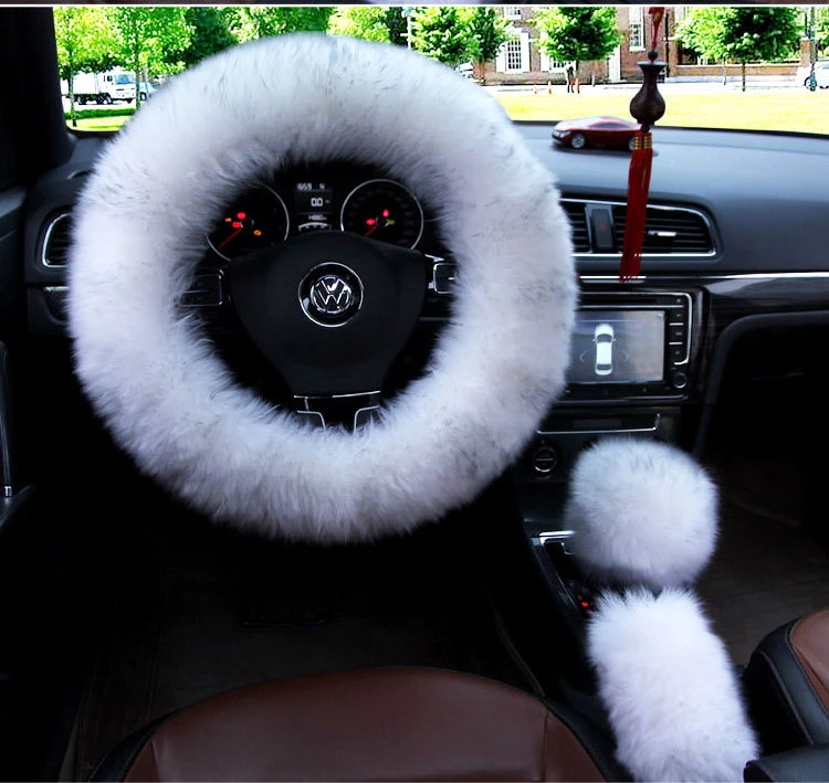 Winter pure wool steering wheel cover auto sheep shearing handle cover long wool short wool handle cover three piece set for men