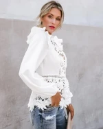 Women Floral Lace Blouses Boho Long Sleeve White Tops Ladies Hollow Out Shirts Autumn Spring Elegant Blouse Streetwear S-XL