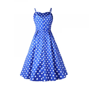 Women summer dot printed spaghetti strap sleeveless cami hagh waist  retro swing maxi dress