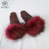 Women Top Fashion Autumn Winter Colorful Raccoon Fur Mittens Windproof Genuine Sheepskin Leather Gloves