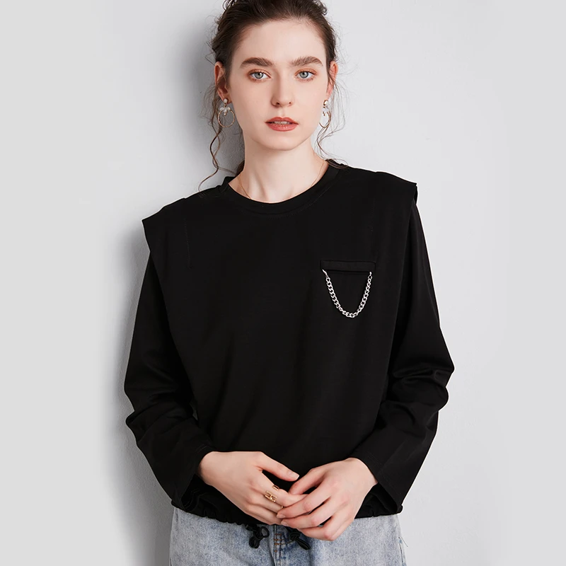 Women&#x27;s Chain Decoration loose Shoulder Pads Solid Color Long-Sleeved T-shirt