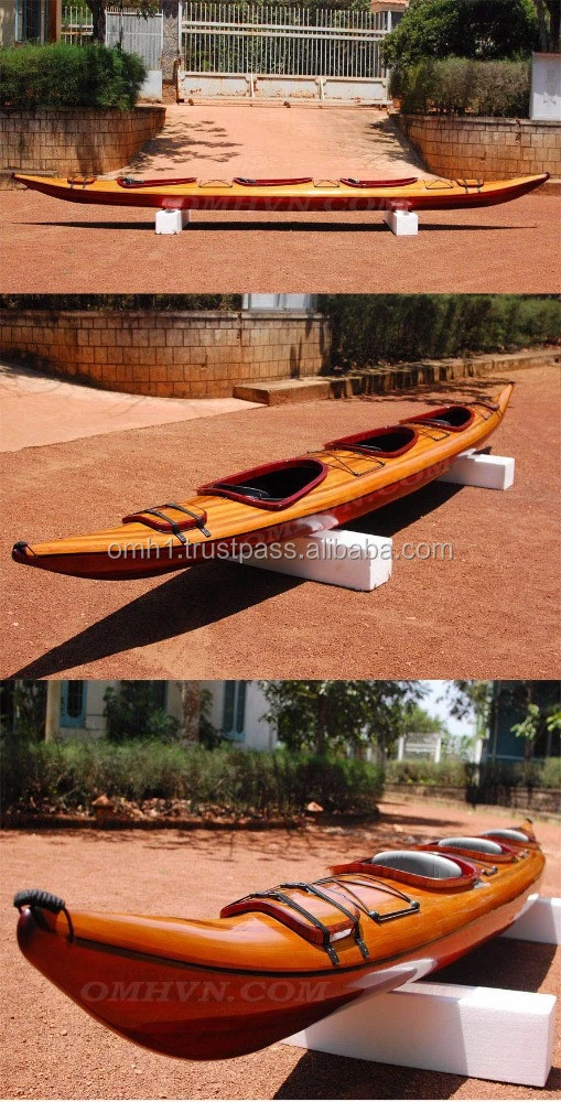 Wooden Triple Kayak 20&#x27; (L630 cm) - Fiber glass &amp; cedar wood - Hand made canoe