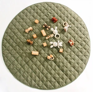Moss Green Linen Baby Play Mat, Round Linen Quilted Playing Rug