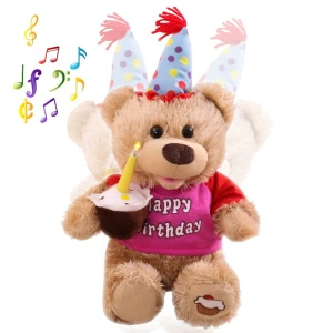 Birthday Teddy Bear Interactive Animated Stuffed Animal Singing Musical Plush Electric Toy with Cupcake and Glow Candle