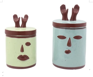 Abstract face ceramic storage container with lid and carved pattern, simple and stylish221-218675/218676