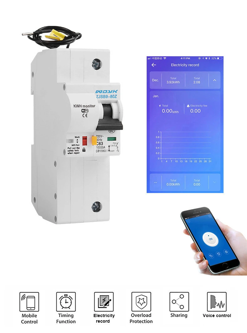 1P WiFi Smart Circuit Breaker with Energy monitoring compatible with Alexa and Google home for Smart home with RS485