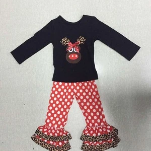 2018 boutique baby outfits boutique children clothing sets deer embroidered top and polka dots double ruffle pants sets