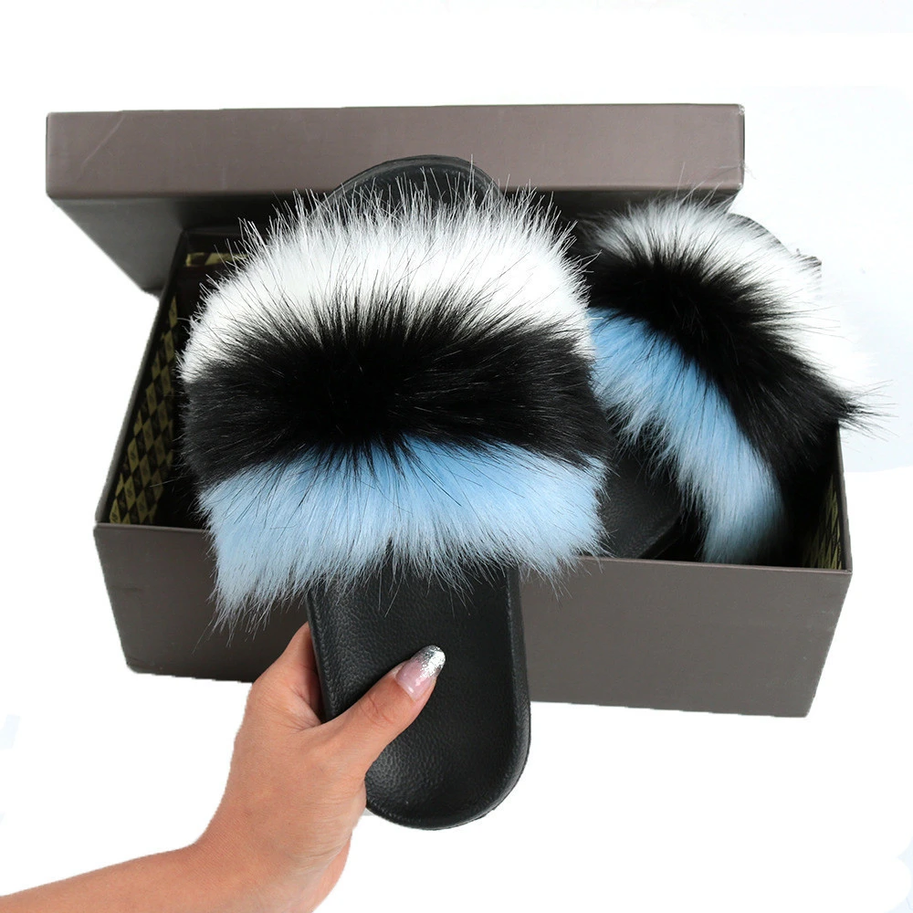 2020 Multicolorful Just One Pair Can Customize Furry Fluffy Slippers Sandal Open Toe Summer Latest Fur Womens Slide Slippers