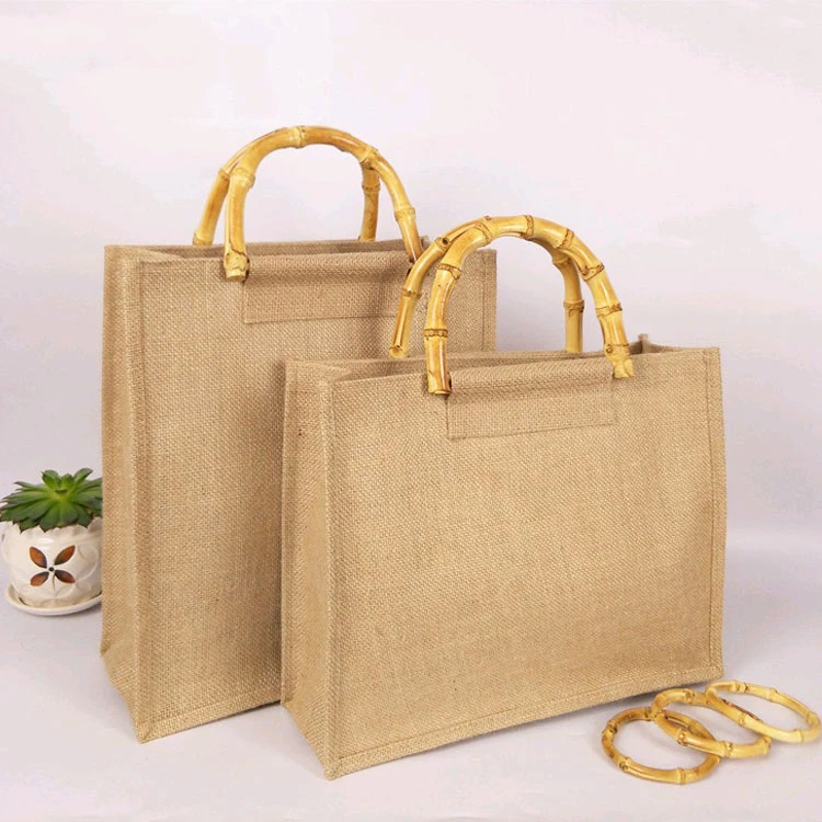 2021 Shopper Bag Women Jute Hemp Linen Eco Bag Portable Bamboo Handle Shopping Handbags Recycling Tote Large Capacity