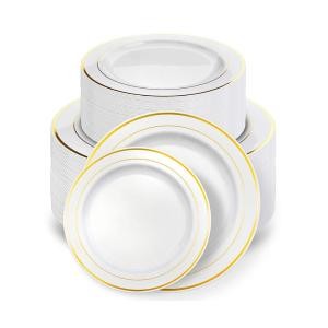 300 pcs Gold rimmed 50 pcs plastic cups Disposable Dinnerware Set 50 pcs charger plate 50pcs spoons knives and forks