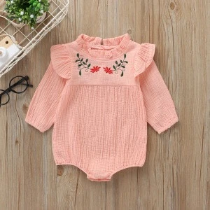6M-2T bodysuit for girls embroidery flower on collar full length long sleeve solid color clothing MH1112