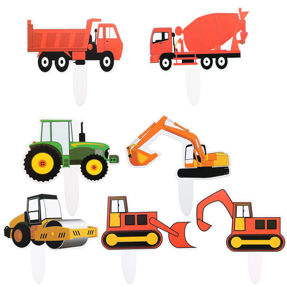7Pcs Construction vehicle Baby Cupcake Topper Baby First Birthday Baby Shower Party Favors Gifts Gender Reveal Decor Supplies