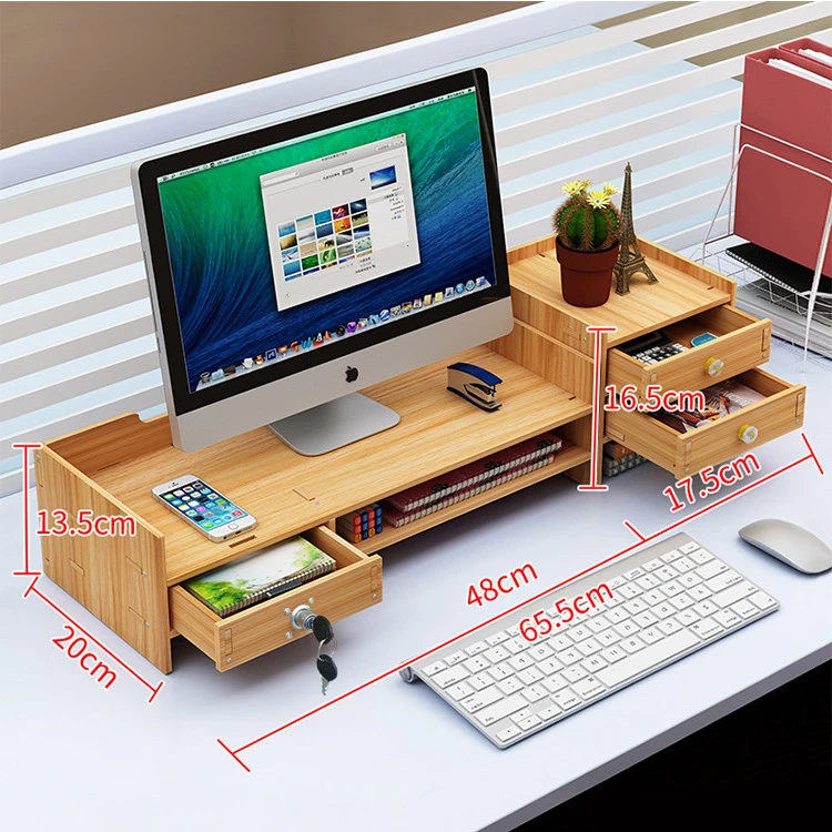Adjustable Wood Monitor Stand Riser with 3 Storage Drawers, Bamboo Monitor Riser for Computer, Laptop, Printer, Desk Organizer