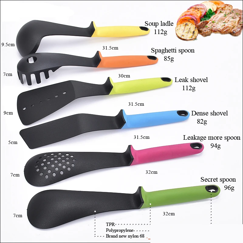 Amazon hot sale 6pcs Colorful Food Grade Heat Resistant Nylon Kitchen Tools Utensils Set