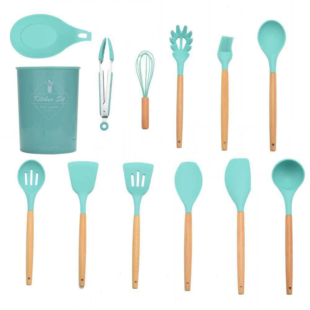 Amazon hot sale Gadget 13 pcs wooden handle spoon mat silicone utensils set kitchenware set with storage bucket Kitchenware tray