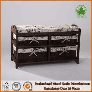 antique solid wood bench with wicker drawers