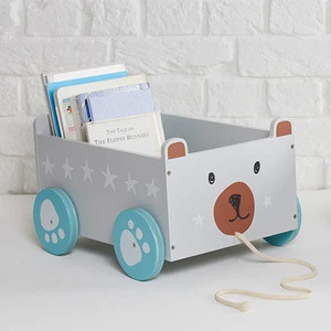 Baby Wooden Pulling Toy Kids Mobile Cartoon Book Storage Cart