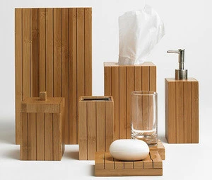 Bamboo Bathroom Set of Soap Dispenser Dish, Toilet Brush, Toothbrush Holder, Tray, Bin